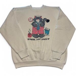 VTG 90s Granny Core Cat Crewneck Sweatshirt Size Large White Graphic Print Funny